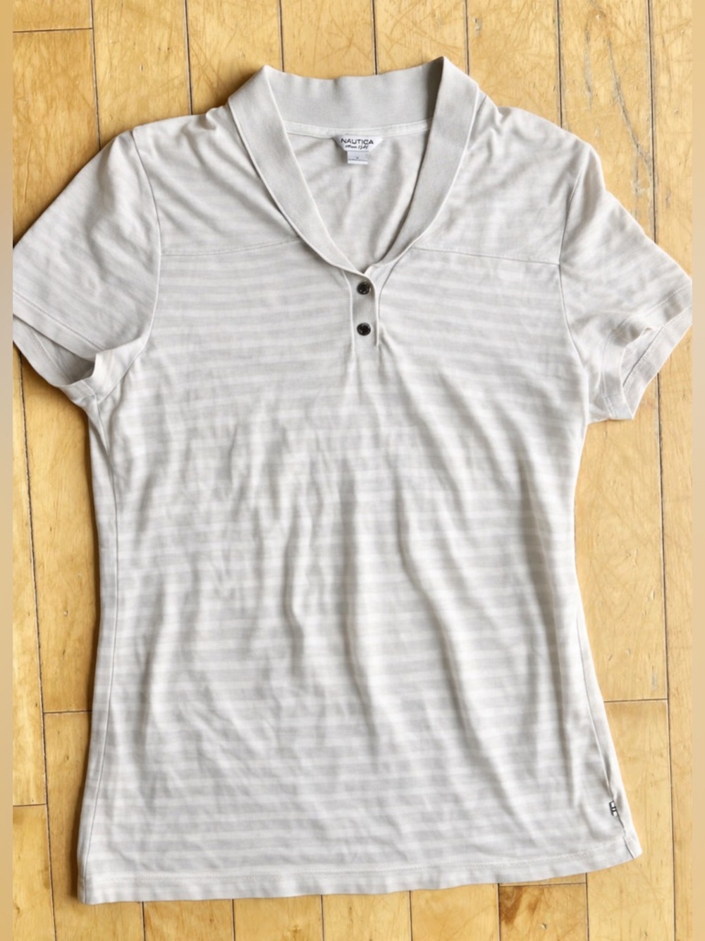 Nautica Cream White Part Coton Striped Nautical Short‑Sleeve Polo Size Large